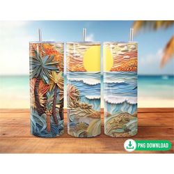 3d tropical beach tumbler wrap png, ocean sunset summer tumbler sublimation, 20oz skinny straight and tapered tumbler pn