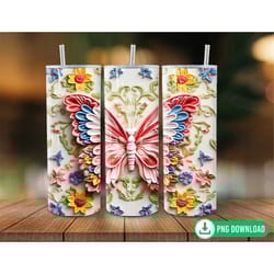 3d embroidered american butterfly tumbler wrap png, butterfly 4th of july tumbler sublimation, 20oz skinny tumbler png,