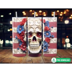 3d embroidered floral patriotic skull tumbler wrap png, usa skull 4th of july tumbler sublimation, 20oz skinny tumbler p