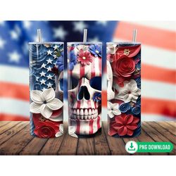 3d floral skull 4th of july tumbler wrap png, american flag patriotic skull tumbler sublimation, 20oz skinny tumbler png