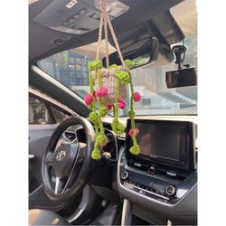crochet succulent plant car hanging, succulent car plant decor, flower interior rear view mirror, crochet plant decor, m