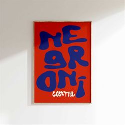 negroni cocktail print, cocktail  name wall art, colourful  prints, alcoholic drinks poster, party, bar, campari, food p