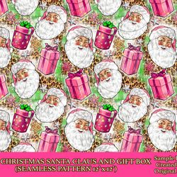 pink christmas santa claus and gift box seamless pattern digital paper, digital seamless pattern png, printable scrapboo