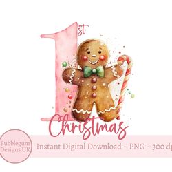 1st christmas gingerbread man png, pink christmas, gingerbread candy cane santa sack design, holiday sublimation, instan