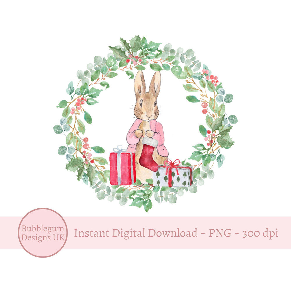 Flopsy Bunny Wreath Christmas PNG, Peter Rabbit Sublimation Design, Santa Sack Design, Instant Digital Download - 1.jpg