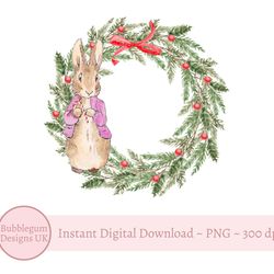 flopsy bunny christmas wreath png, pink bunny wreath sublimation design, peter rabbit first christmas, instant digital d