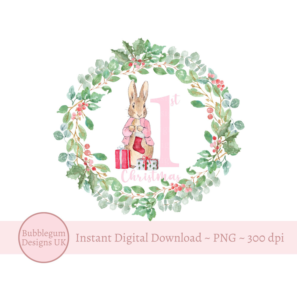 Flopsy Bunny Pink 1st Christmas PNG, Peter Rabbit Sublimation Design, Christmas Card Design, Flopsy Christmas, Instant Digital Download - 1.jpg