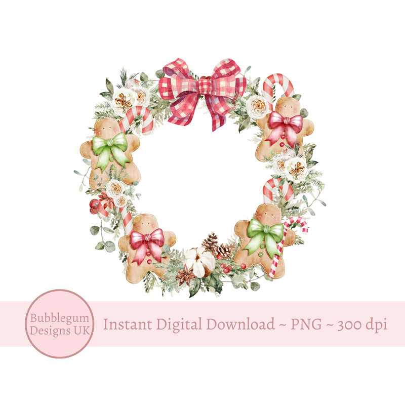 Gingerbread Candy Cane Christmas Wreath PNG, Gingerbread PNG, Mug Design, Santa Sack Design, Holiday Sublimation, Instant Digital Download - 1.jpg