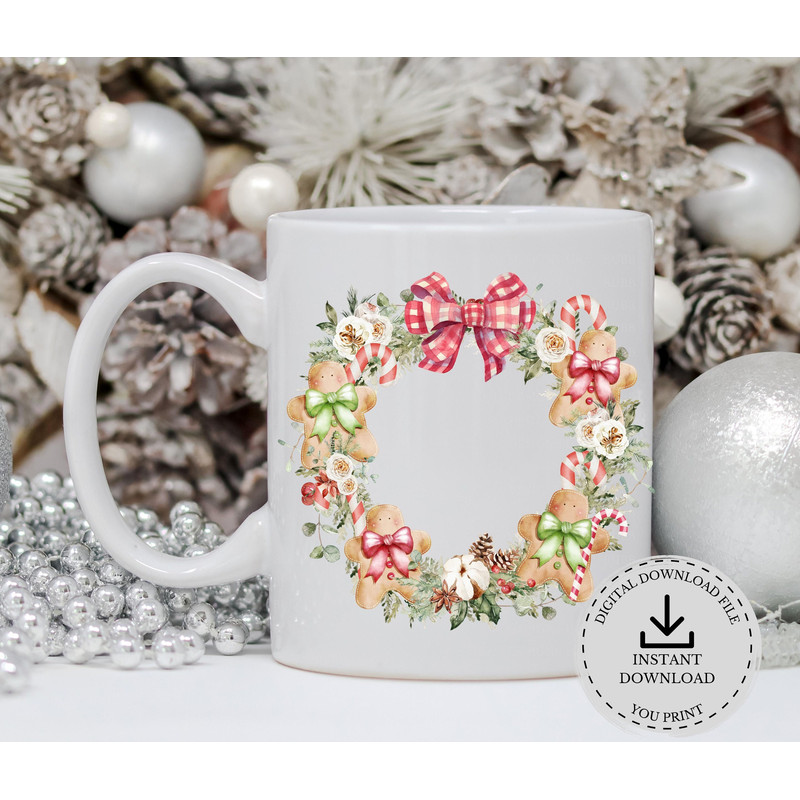 Gingerbread Candy Cane Christmas Wreath PNG, Gingerbread PNG, Mug Design, Santa Sack Design, Holiday Sublimation, Instant Digital Download - 3.jpg