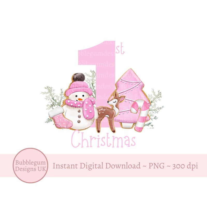 My 1st Christmas Pink Cookies PNG, Christmas Clip Art, Christmas Holiday Sublimation, Cute Snowman & Reindeer, Instant Digital Download - 1.jpg