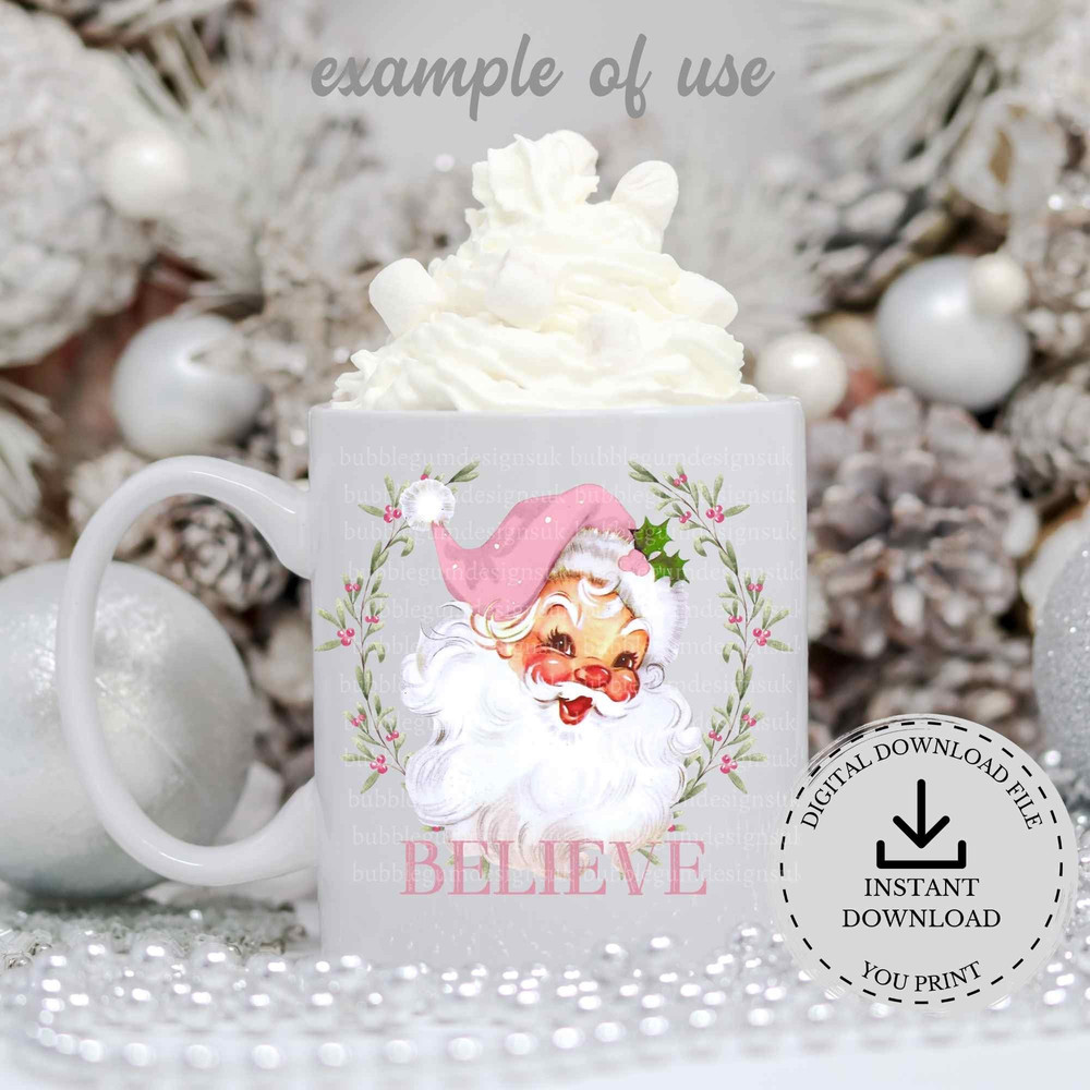Pink Santa Believe Christmas Wreath PNG, Santa Clip Art, Vintage Santa Design,Holiday Sublimation,Father Christmas, Instant Digital Download - 2.jpg