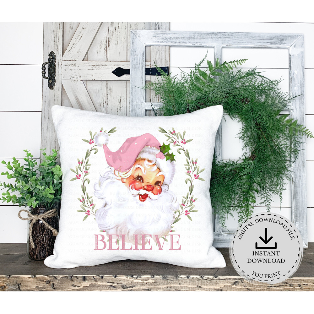 Pink Santa Believe Christmas Wreath PNG, Santa Clip Art, Vintage Santa Design,Holiday Sublimation,Father Christmas, Instant Digital Download - 3.jpg
