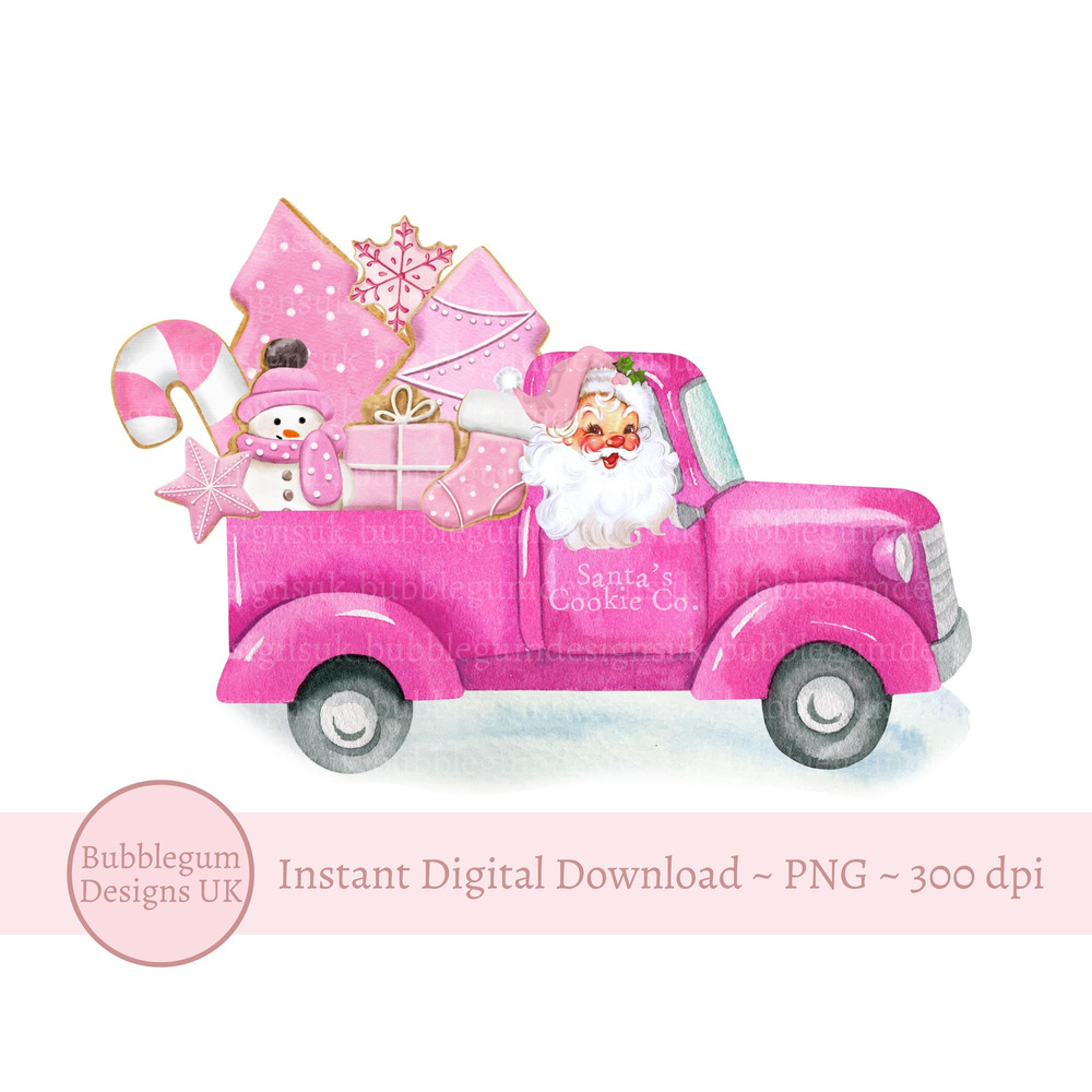 Pink Santa Christmas Cookie Truck PNG, Christmas Clip Art, Vintage Santa Design , Holiday Sublimation, Instant Digital Download - 1.jpg