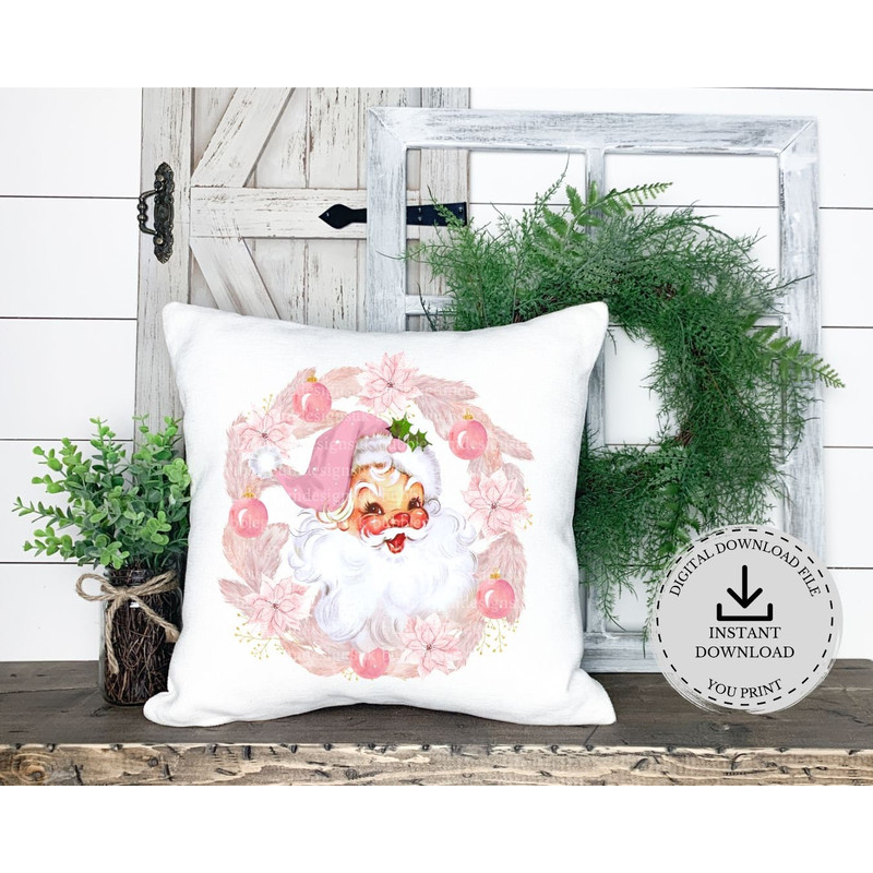Pink Santa Christmas Wreath PNG, Christmas Clip Art, Vintage Santa Design , Holiday Sublimation, Instant Digital Download - 2.jpg