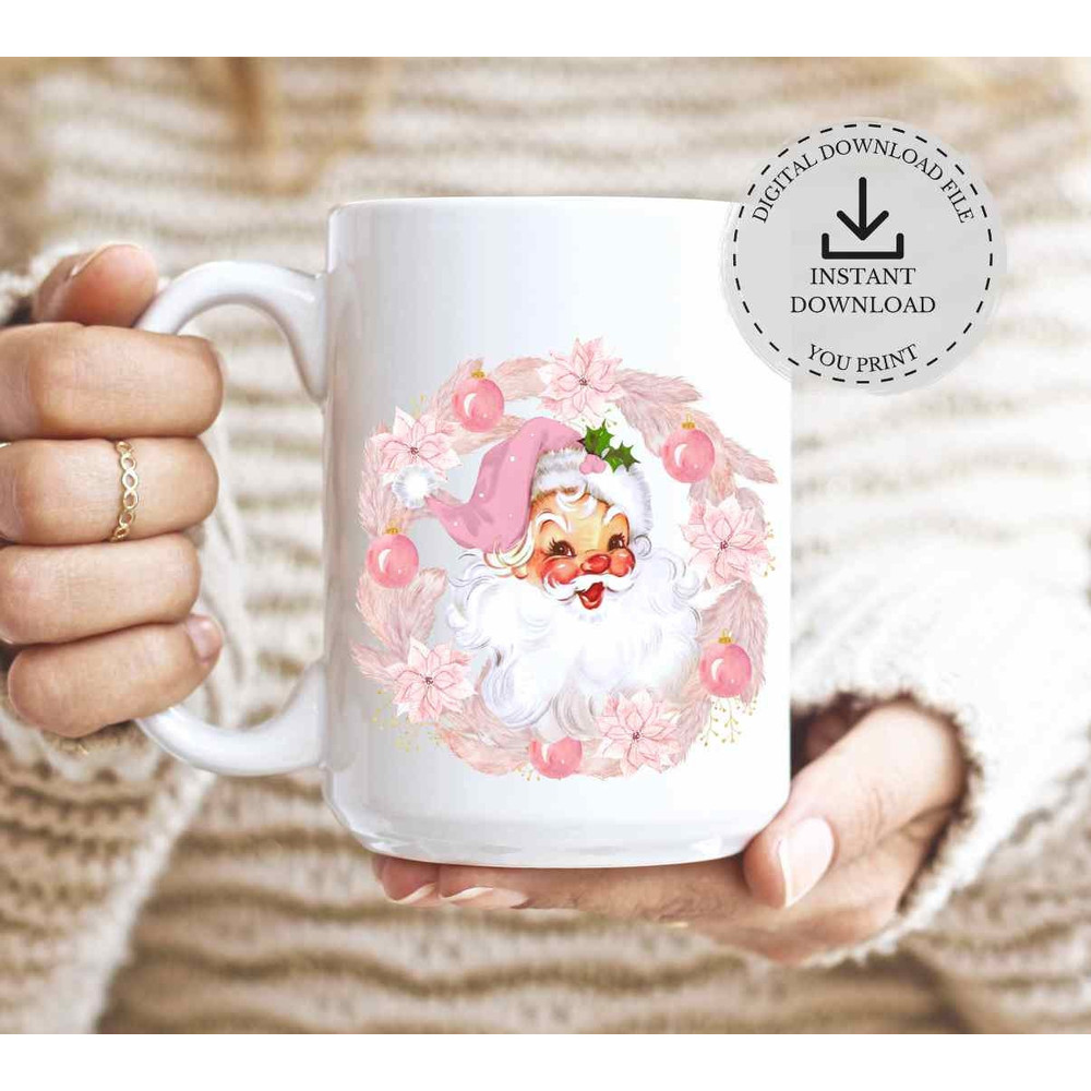 Pink Santa Christmas Wreath PNG, Christmas Clip Art, Vintage Santa Design , Holiday Sublimation, Instant Digital Download - 3.jpg