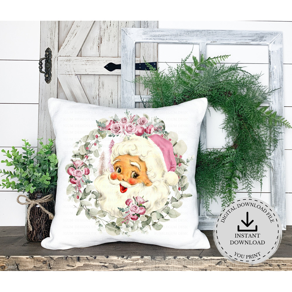 Pink Vintage Santa Christmas Wreath PNG, Christmas Clip Art, Retro Santa Design , Holiday Sublimation, Instant Digital Download - 2.jpg