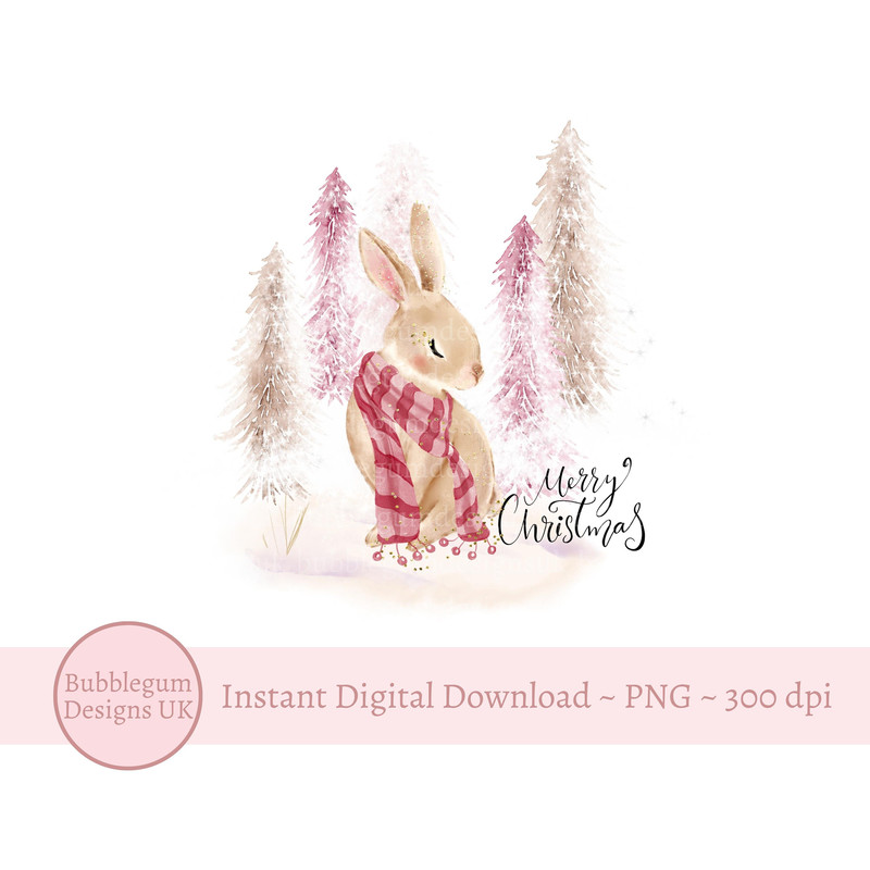 Winter Bunny Pink Christmas PNG, Forest Sublimation Design, Pink Gold Christmas Card Design, Santa Sack Design, Instant Digital Download - 1.jpg