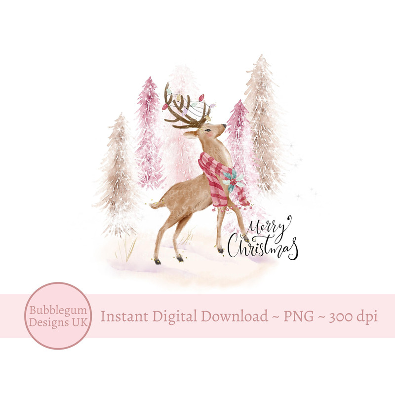 Winter Stag Pink Christmas PNG, Forest Sublimation Design, Pink Gold Christmas Card Design, Santa Sack Design, Instant Digital Download - 1.jpg
