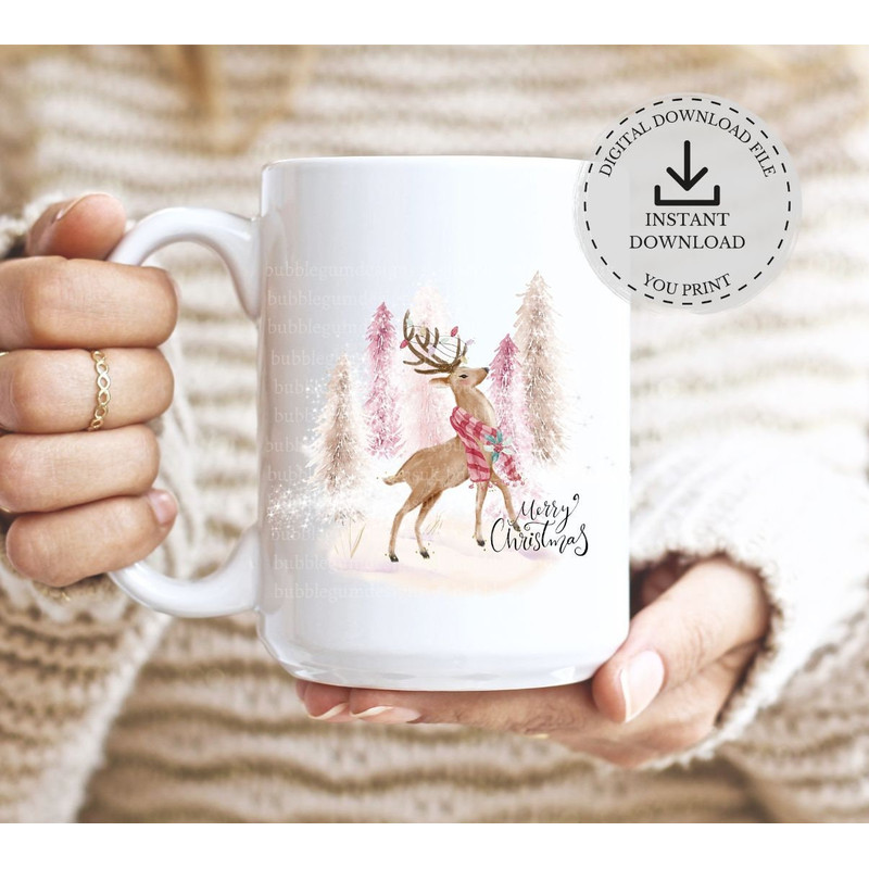 Winter Stag Pink Christmas PNG, Forest Sublimation Design, Pink Gold Christmas Card Design, Santa Sack Design, Instant Digital Download - 2.jpg