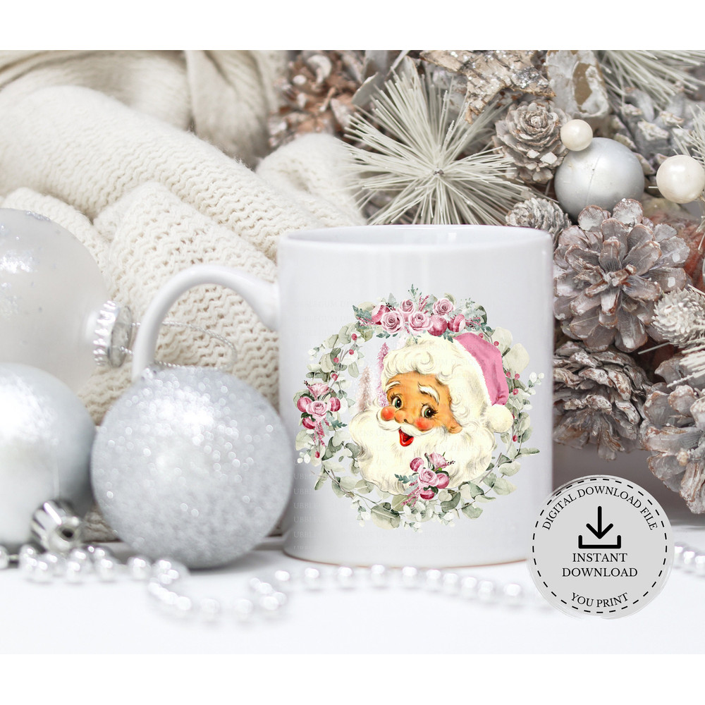 Pink Vintage Santa Christmas Wreath PNG, Christmas Clip Art, Retro Santa Design , Holiday Sublimation, Instant Digital Download - 3.jpg