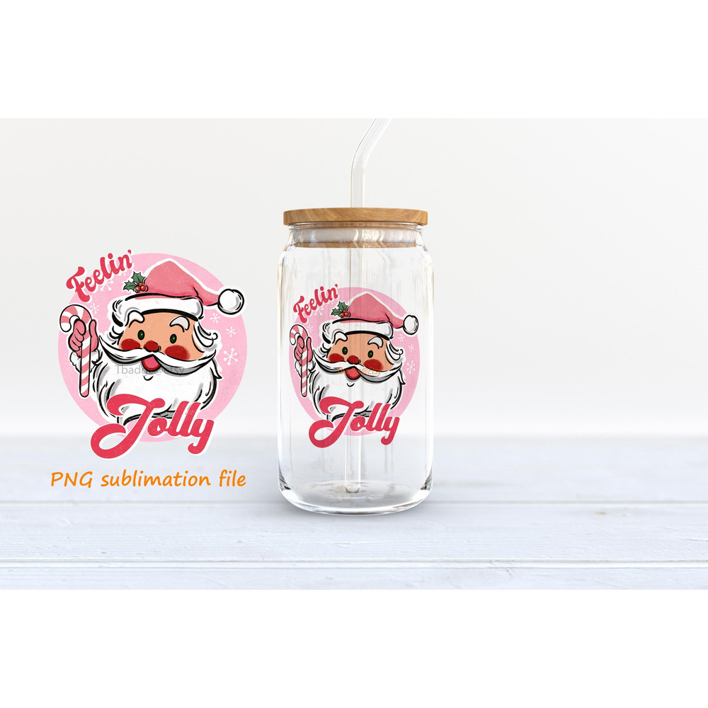 Holly Jolly Pink Christmas PNG, 16 oz Libbey Glass Can Tumbler Sublimation Design, Pink Santa Claus Png, Design Digital Download PNG - 1.jpg