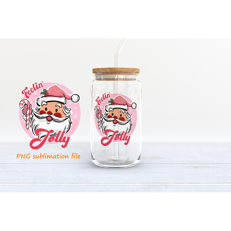 Holly Jolly Pink Christmas PNG, 16 oz Libbey Glass Can Tumbler Sublimation Design, Pink Santa Claus Png, Design Digital Download PNG - 1.jpg