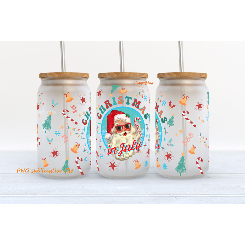 Christmas in July, Libbey Glass Can Tumbler Sublimation Design, 16 oz libbey can wrap beach christmas, Santa Png, Design Digital Download - 1.jpg
