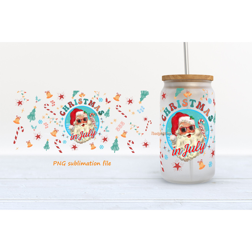 Christmas in July, Libbey Glass Can Tumbler Sublimation Design, 16 oz libbey can wrap beach christmas, Santa Png, Design Digital Download - 2.jpg