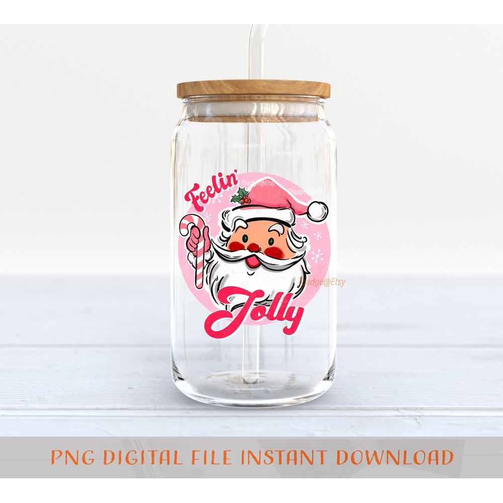 Holly Jolly Pink Christmas PNG, 16 oz Libbey Glass Can Tumbler Sublimation Design, Pink Santa Claus Png, Design Digital Download PNG - 3.jpg