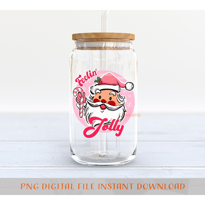 Holly Jolly Pink Christmas PNG, 16 oz Libbey Glass Can Tumbler Sublimation Design, Pink Santa Claus Png, Design Digital Download PNG - 3.jpg