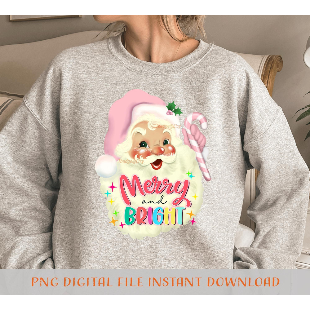 Pink Christmas Png Merry and bright png, Sublimation file for Shirt Design, Digital download Retro Pink Santa Png - 1.jpg