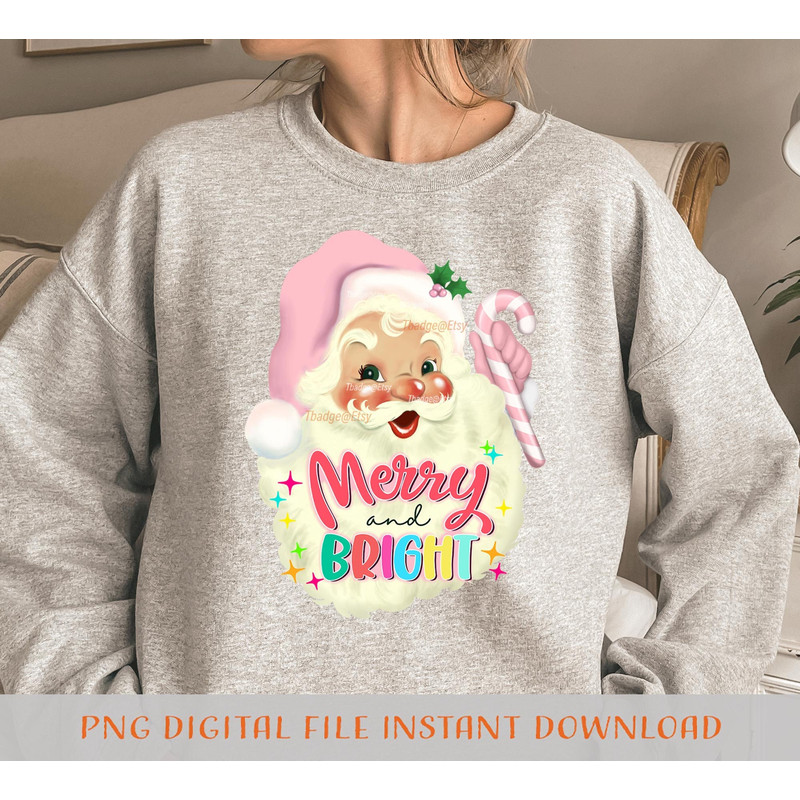 Pink Christmas Png Merry and bright png, Sublimation file for Shirt Design, Digital download Retro Pink Santa Png - 1.jpg