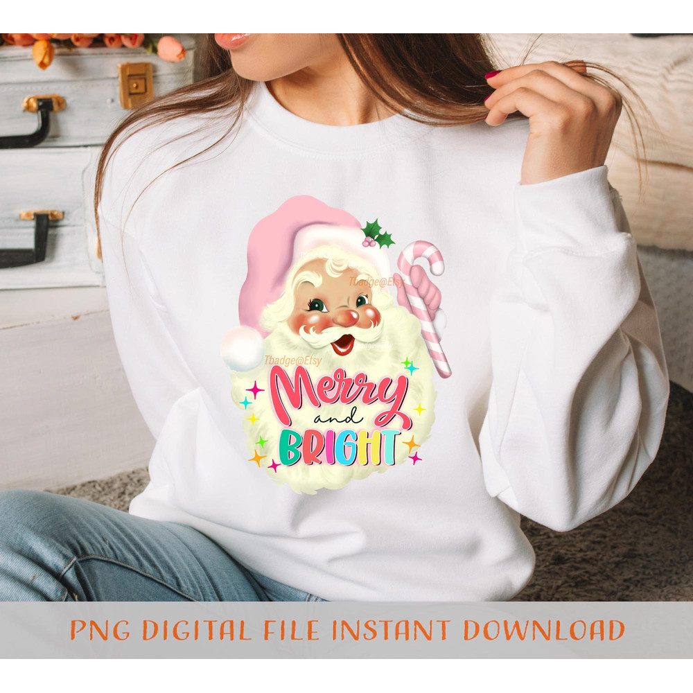 Pink Christmas Png Merry and bright png, Sublimation file for Shirt Design, Digital download Retro Pink Santa Png - 3.jpg