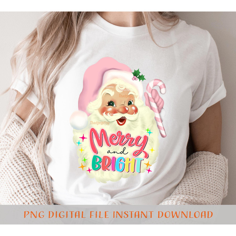 Pink Christmas Png Merry and bright png, Sublimation file for Shirt Design, Digital download Retro Pink Santa Png - 5.jpg