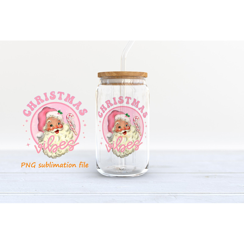 Pink Christmas PNG, 16 oz Libbey Glass Can Tumbler Sublimation Design, Retro Pink Santa Png, Design Digital Download PNG - 1.jpg