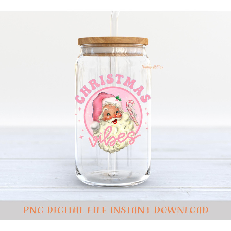 Pink Christmas PNG, 16 oz Libbey Glass Can Tumbler Sublimation Design, Retro Pink Santa Png, Design Digital Download PNG - 2.jpg