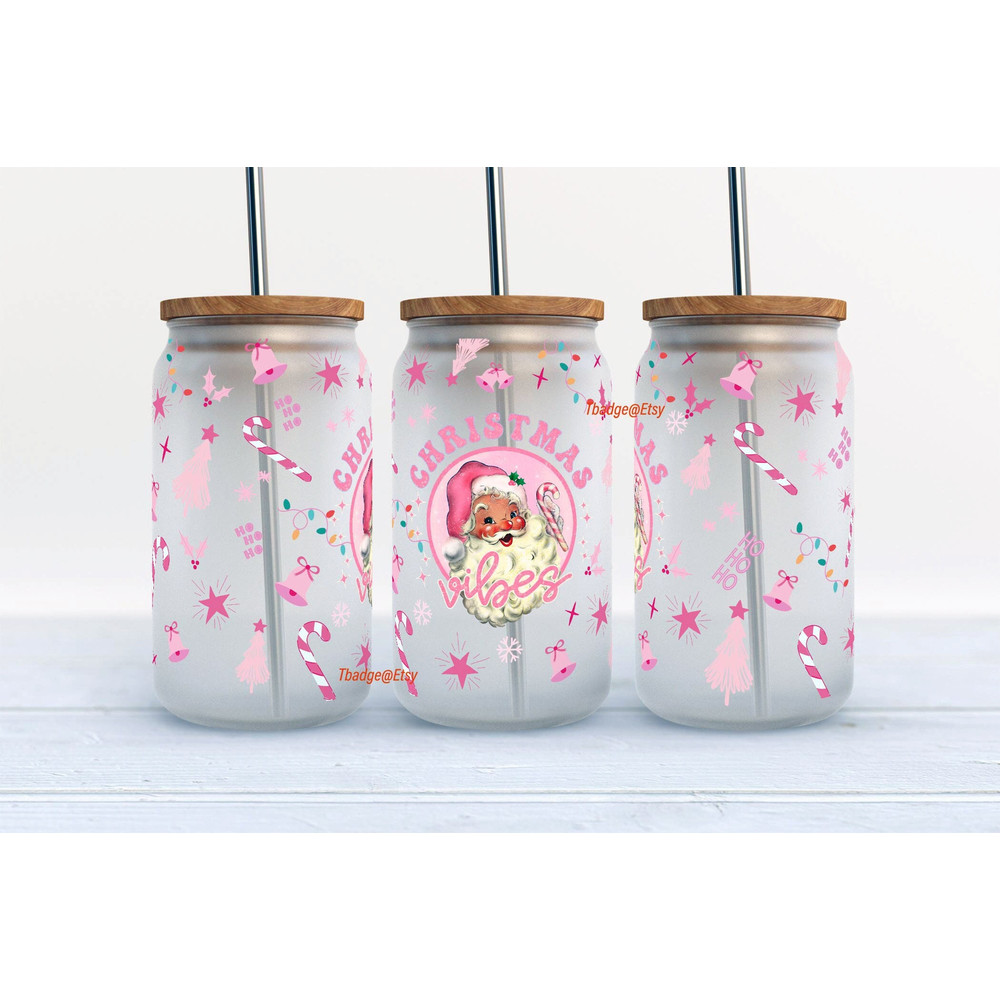 Pink Christmas Png, Libbey Glass Can Tumbler Sublimation Design, 16 oz libbey can wrap Retro Pink Santa Png, Design Digital Download PNG - 1.jpg