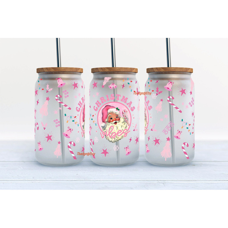 Pink Christmas Png, Libbey Glass Can Tumbler Sublimation Design, 16 oz libbey can wrap Retro Pink Santa Png, Design Digital Download PNG - 1.jpg