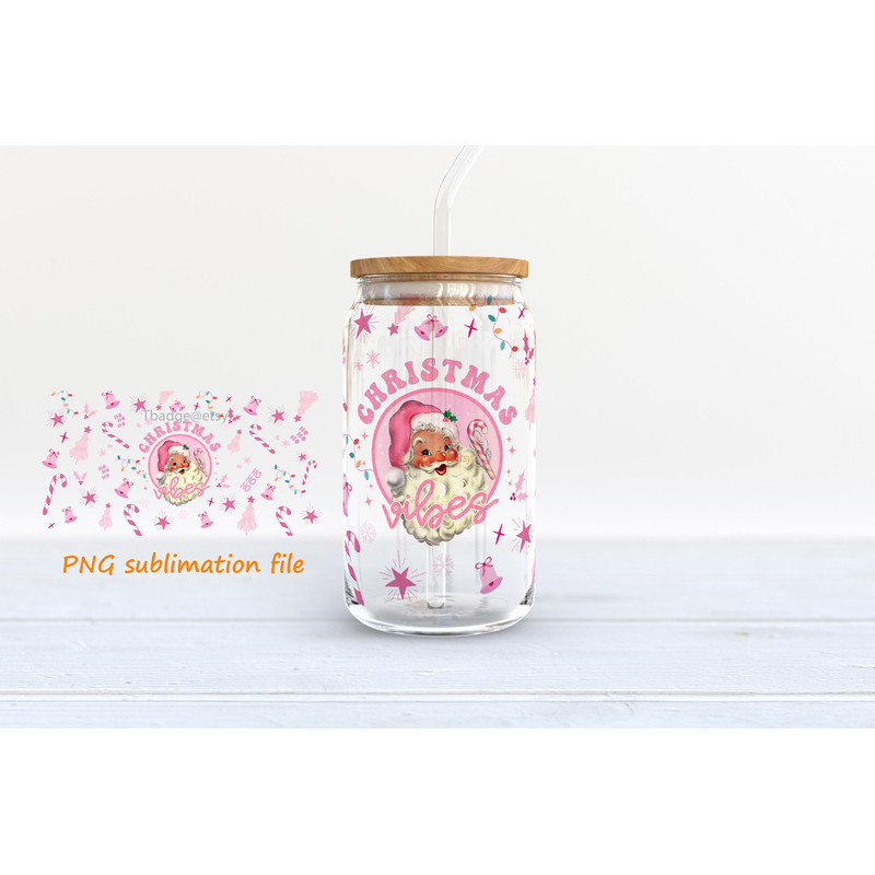Pink Christmas Png, Libbey Glass Can Tumbler Sublimation Design, 16 oz libbey can wrap Retro Pink Santa Png, Design Digital Download PNG - 2.jpg