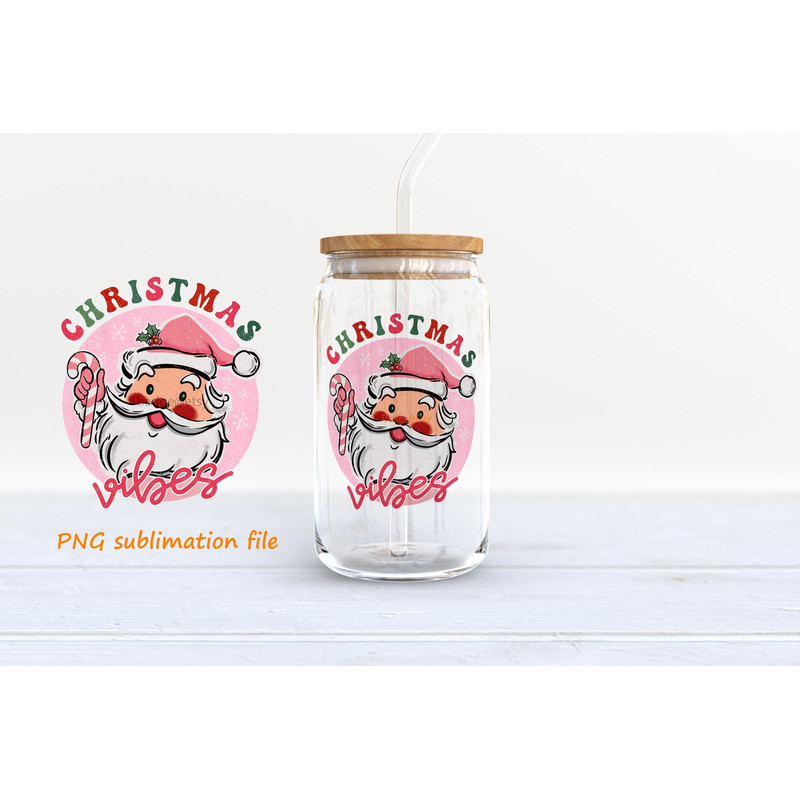 Pink Christmas vibes Png, 16 oz Libbey Glass Can Tumbler Sublimation Design, Retro Pink Santa Png, Design Digital Download PNG - 1.jpg