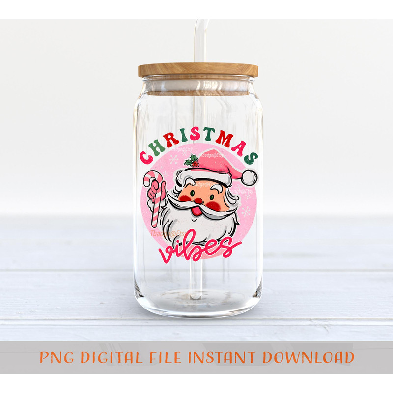 Pink Christmas vibes Png, 16 oz Libbey Glass Can Tumbler Sublimation Design, Retro Pink Santa Png, Design Digital Download PNG - 3.jpg