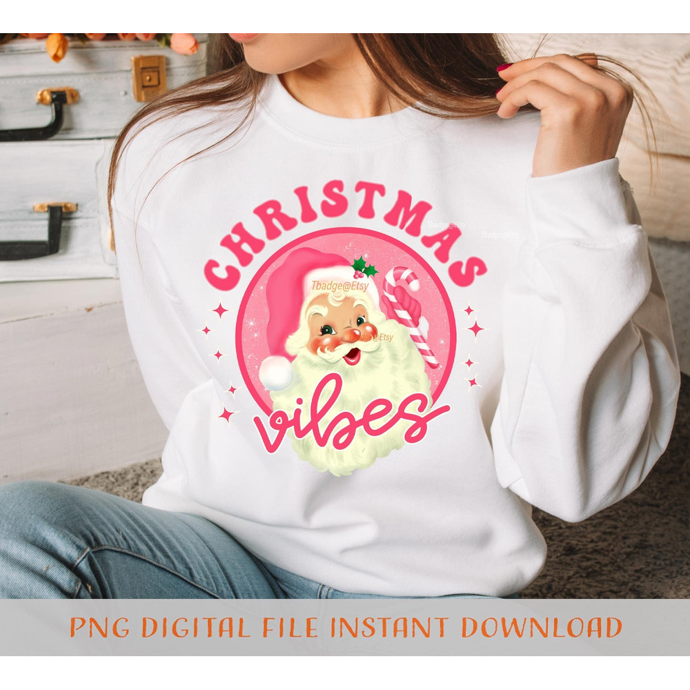 Pink Santa Christmas Vibes Retro Sublimation file for Shirt Design, Digital download Pink Santa Claus Png - 1.jpg