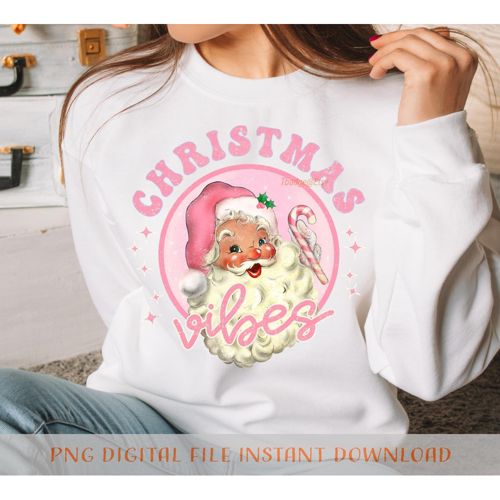Retro Pink Christmas Vibes Sublimation file for Shirt Design, Digital download Pink Santa Claus Png - 1.jpg