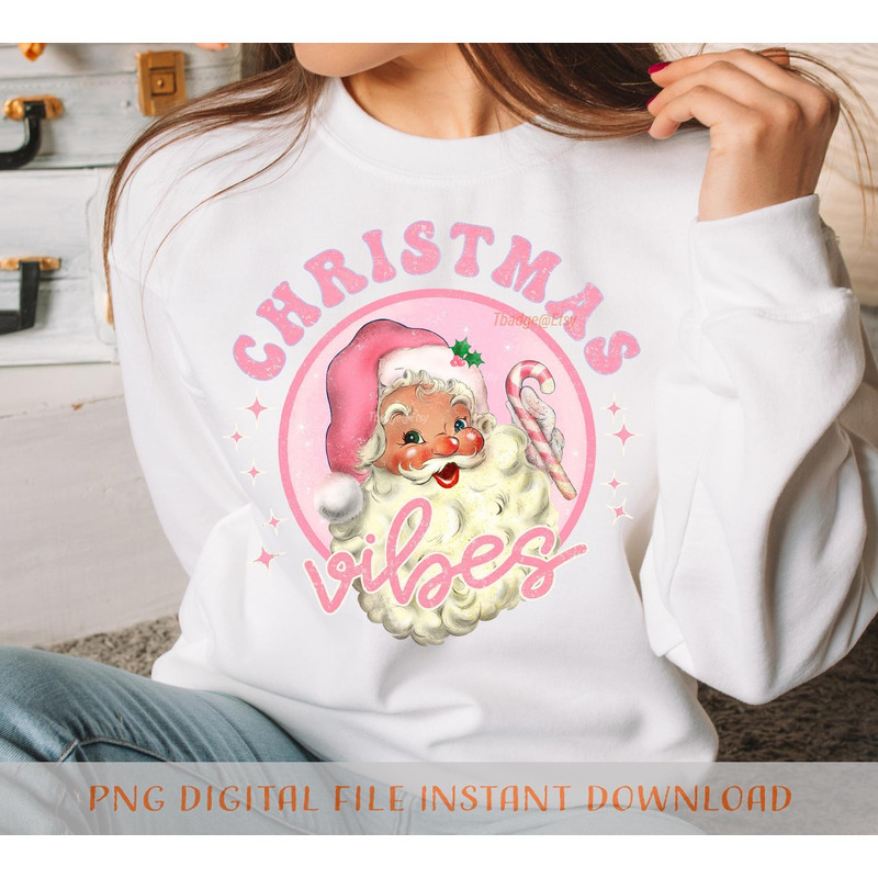 Retro Pink Christmas Vibes Sublimation file for Shirt Design, Digital download Pink Santa Claus Png - 1.jpg