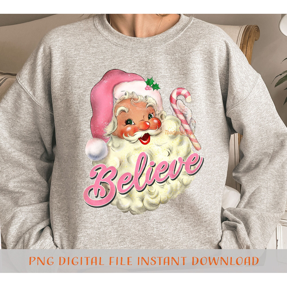 Retro Pink Santa Claus believe Png, Christmas Sublimation file for Shirt Design, Digital download Pink Christmas Png - 1.jpg