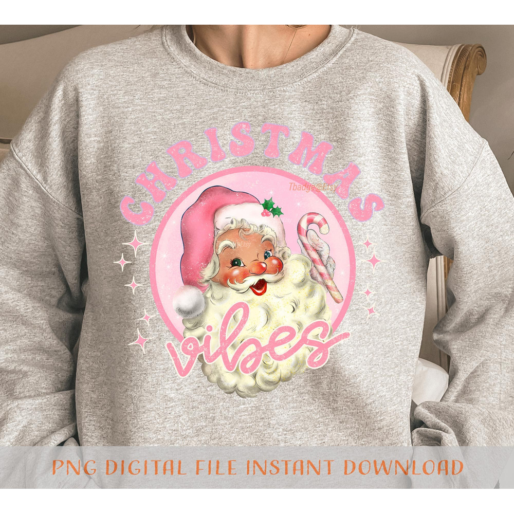 Retro Pink Christmas Vibes Sublimation file for Shirt Design, Digital download Pink Santa Claus Png - 4.jpg