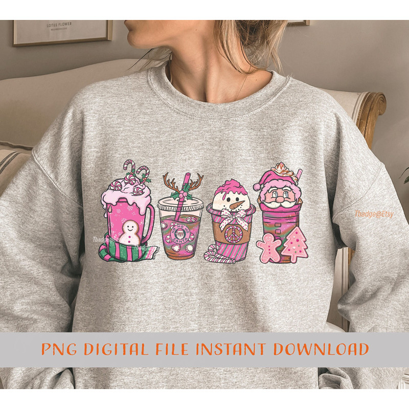 Pink Christmas coffee PNG, Christmas Sublimation Designs, Christmas cup drinks hand drawn retro style Coffee Sublimation Png Winter vibes - 1.jpg