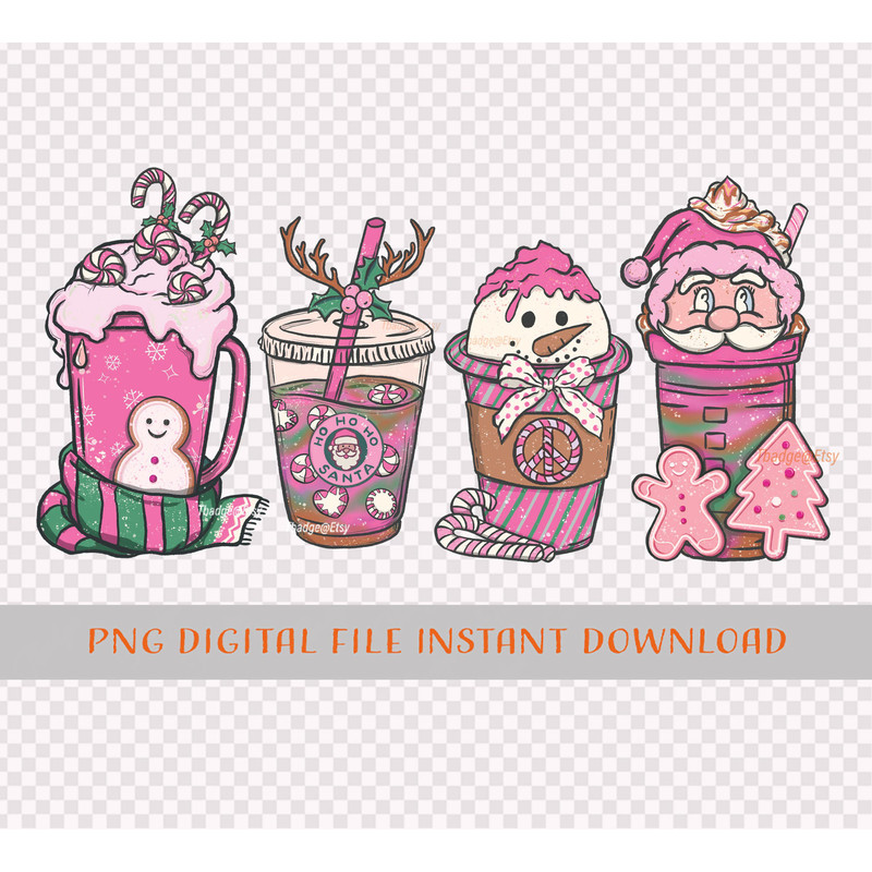 Pink Christmas coffee PNG, Christmas Sublimation Designs, Christmas cup drinks hand drawn retro style Coffee Sublimation Png Winter vibes - 2.jpg