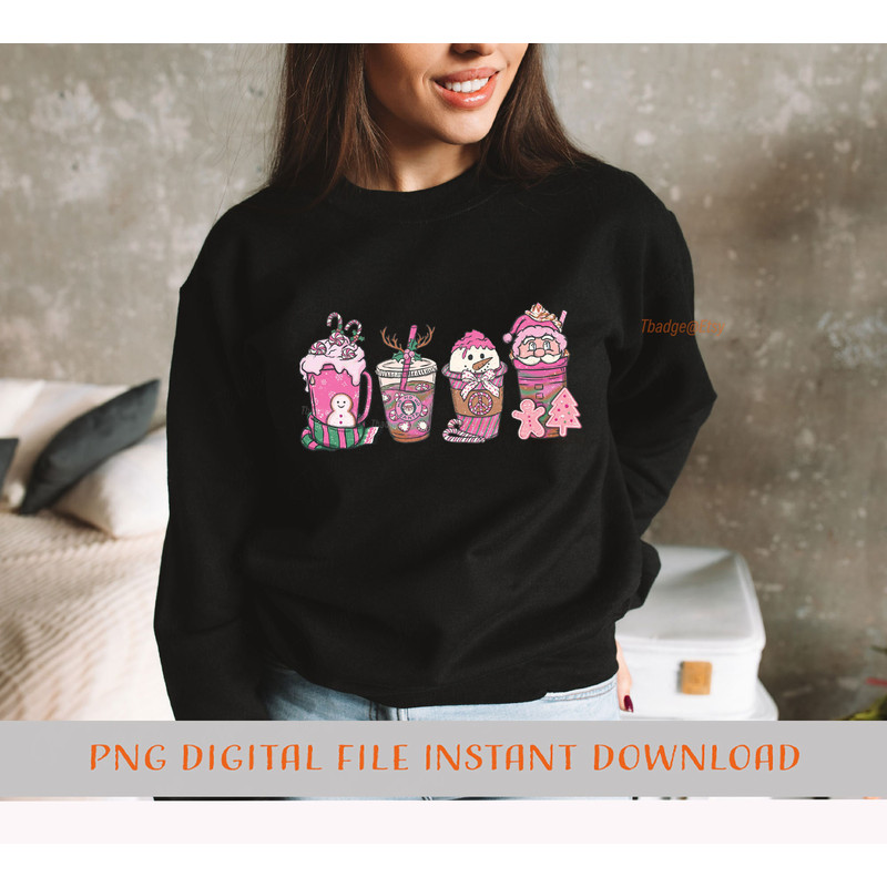 Pink Christmas coffee PNG, Christmas Sublimation Designs, Christmas cup drinks hand drawn retro style Coffee Sublimation Png Winter vibes - 3.jpg