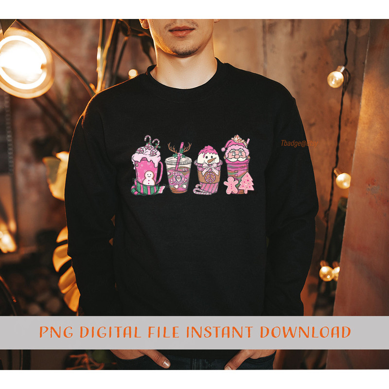 Pink Christmas coffee PNG, Christmas Sublimation Designs, Christmas cup drinks hand drawn retro style Coffee Sublimation Png Winter vibes - 4.jpg